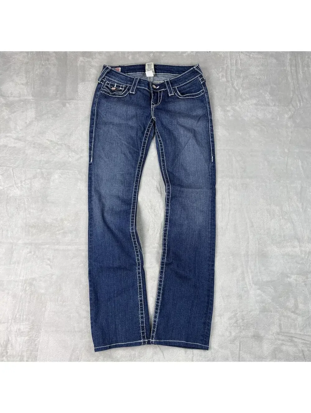 True Religion Blue Denim Jeans Women 28x31 USA Made Striaght Leg Y2K Rainstone - Picture 2 of 12